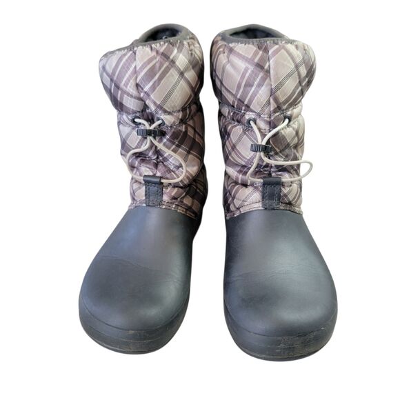 Crocs Puff Boots Winter Brown Checkerd Nylon Size 9 Shoes Weatherproof - Picture 3 of 8